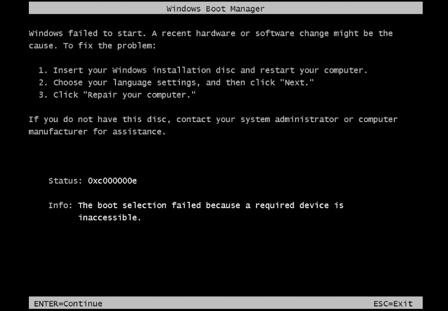 the boot selection failed because a required device is inaccessible
